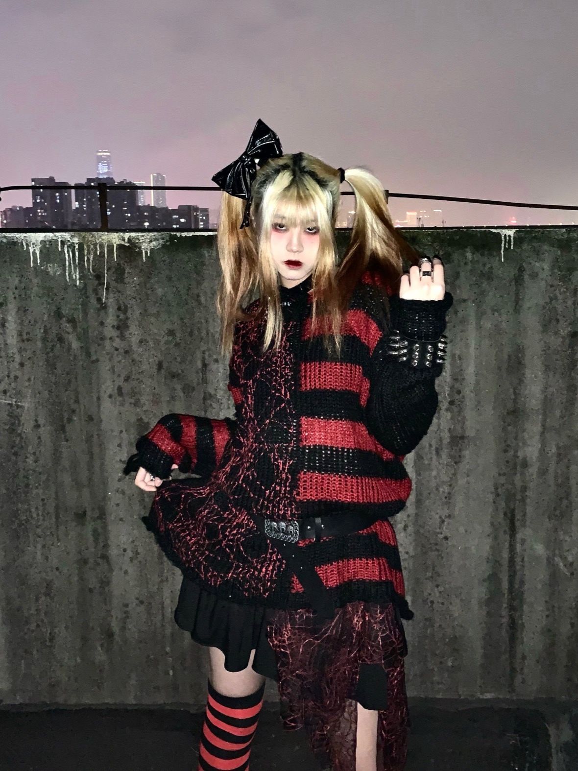 Gothic Punk Spider Patchwork Gestreepte Gebreide Trui Streetwear Lente Herfst Vrouwen Kleding: Rood