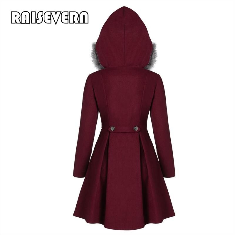 Middeleeuwse imitatiebont wollen jas met capuchon voor dames, winterjas, zwarte staande kraag, gothic jas, winterjas met dubbele rij knopen, gothic lange jas