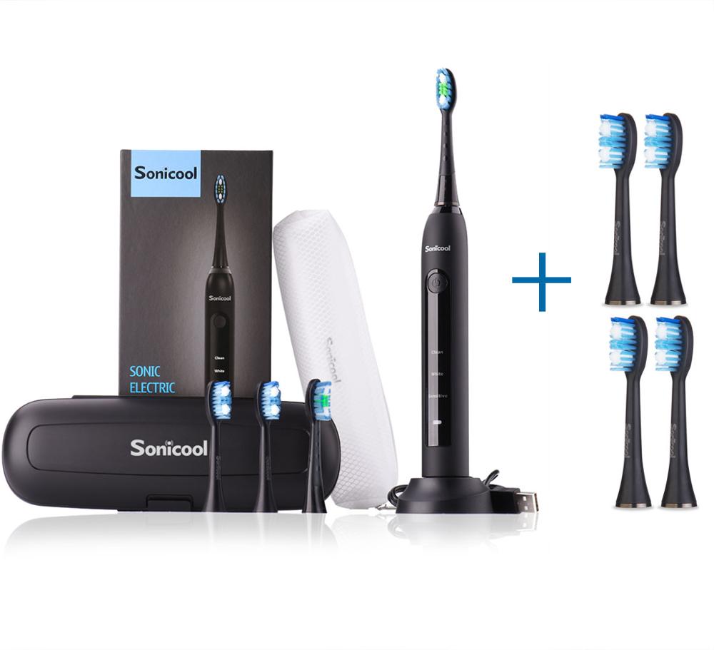 Sonicool 051B Ultrasonic Sonic Electric Toothbrush USB Rechargeable Tooth Brushes With 4 Pcs DuPont Brush Heads Tooth Cleaning: Add Black 4 Heads