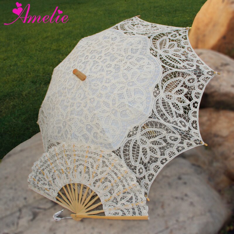 Handgemachte Braut Battenburg Spitze Sonnenschirm und Fan einstellen Hochzeit Braut Regenschirm: A0104 Beige