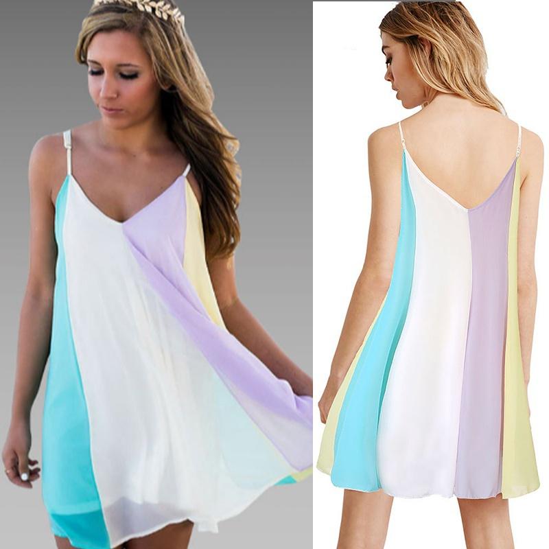 Vestido playero de gasa sin mangas para mujer, vestido playero con tirantes y cuello de pico, con costuras de bloque de Color, para verano