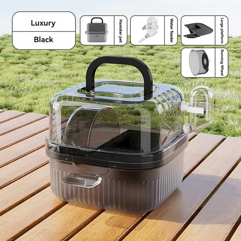 La gabbia per criceti previene la fuga, scatola per allevamento di orsi dorati portatile a doppio strato, grande spazio, piccola villa di lusso per animali domestici: nero