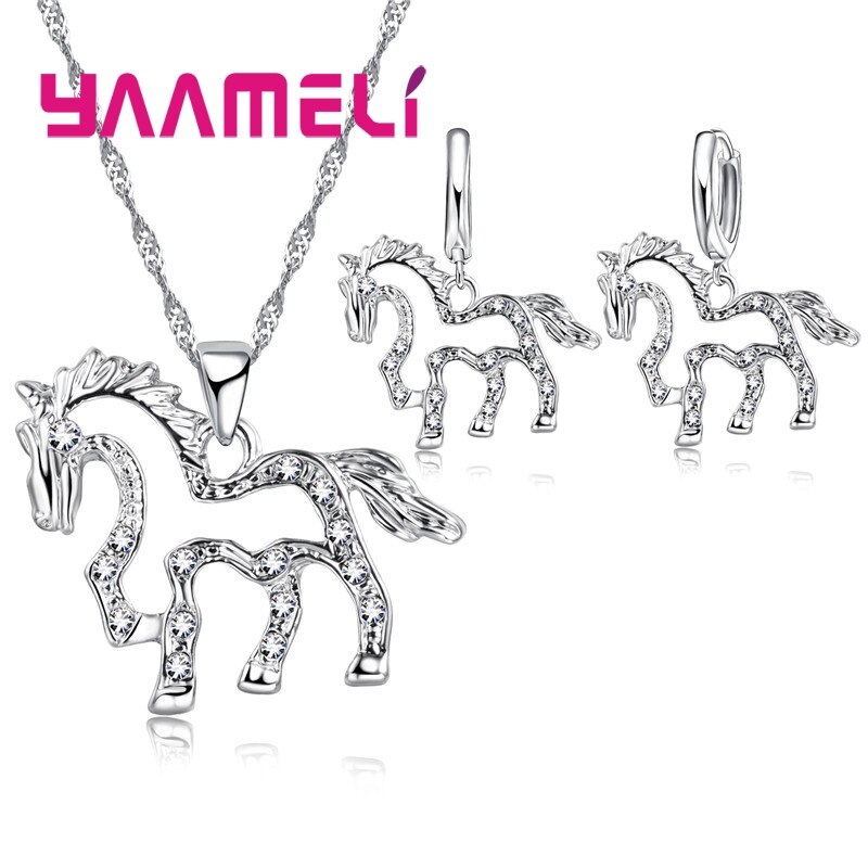 Luksus 925 sterling sølv bryllup smykker sæt skinnende klar ædelsten cz krystal hest vedhæng halskæde øreringe