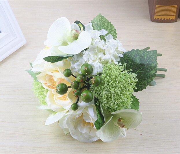 Kyunovia Chic Peony Bouquet Artificial Orchid Wedding Decoration Silk Flowers Natural Bridesmaid bouquet Bridal Bouquet D39: White