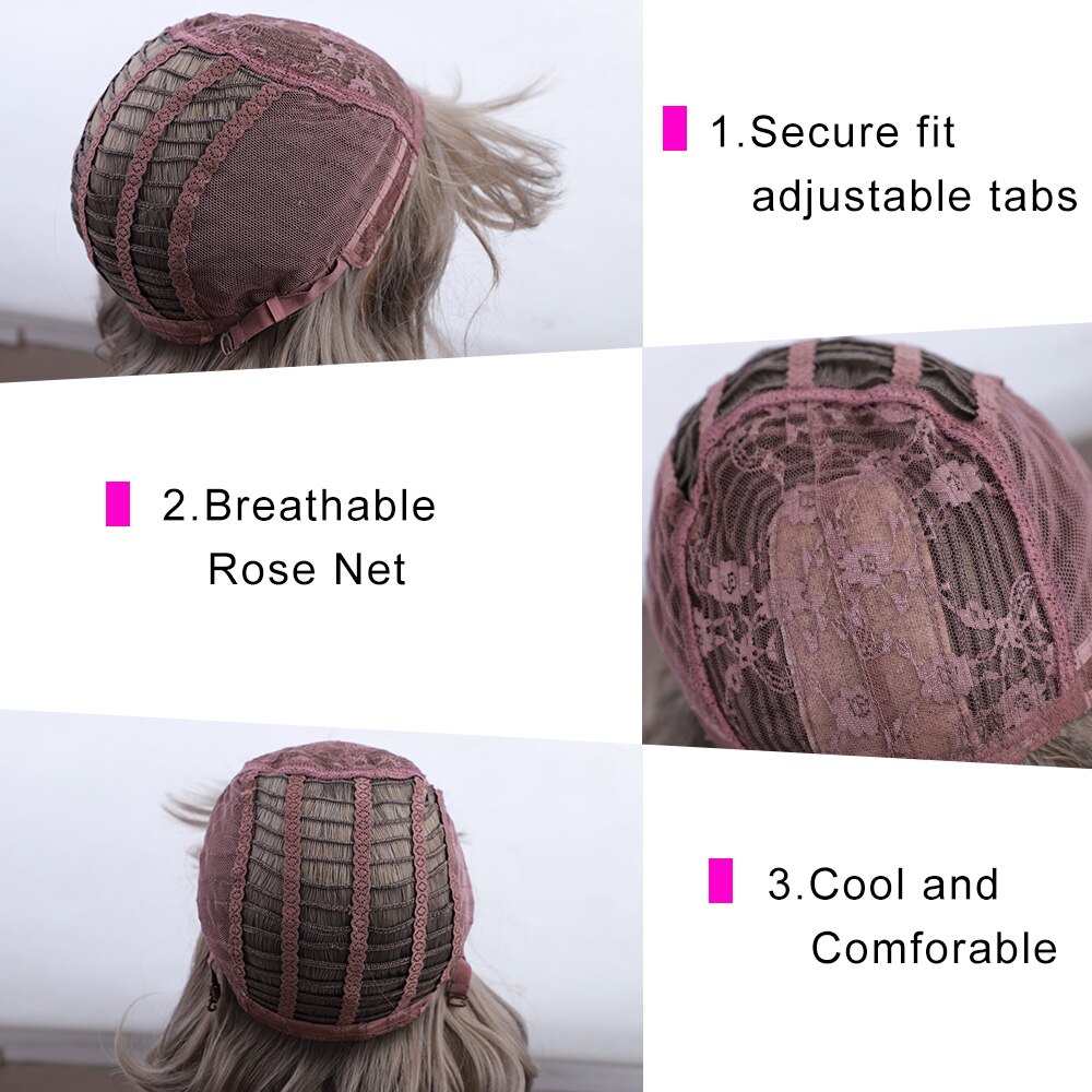 MODERN QUEEN 12" Short Water Wave Wig with Bangs Mix Grey Synthetic Wigs for Women Brown Cosplay Bob Wigs Female Daily Party