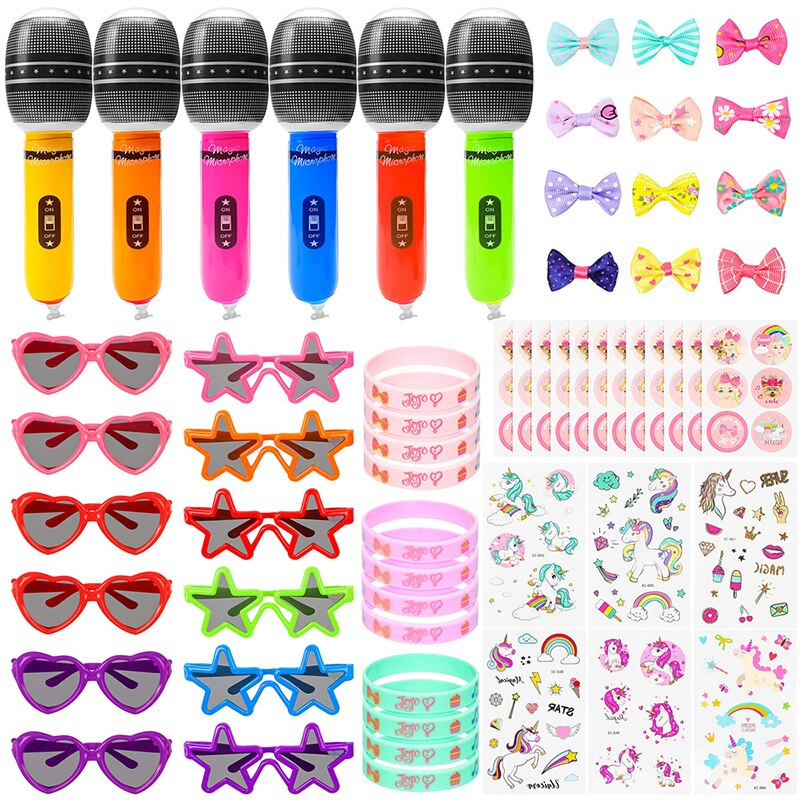 60Pcs JOJO Party Supplies Sunglasses Microphones Bows Silicone Wristbands Cartoon Tattoos Stickers Best for Children