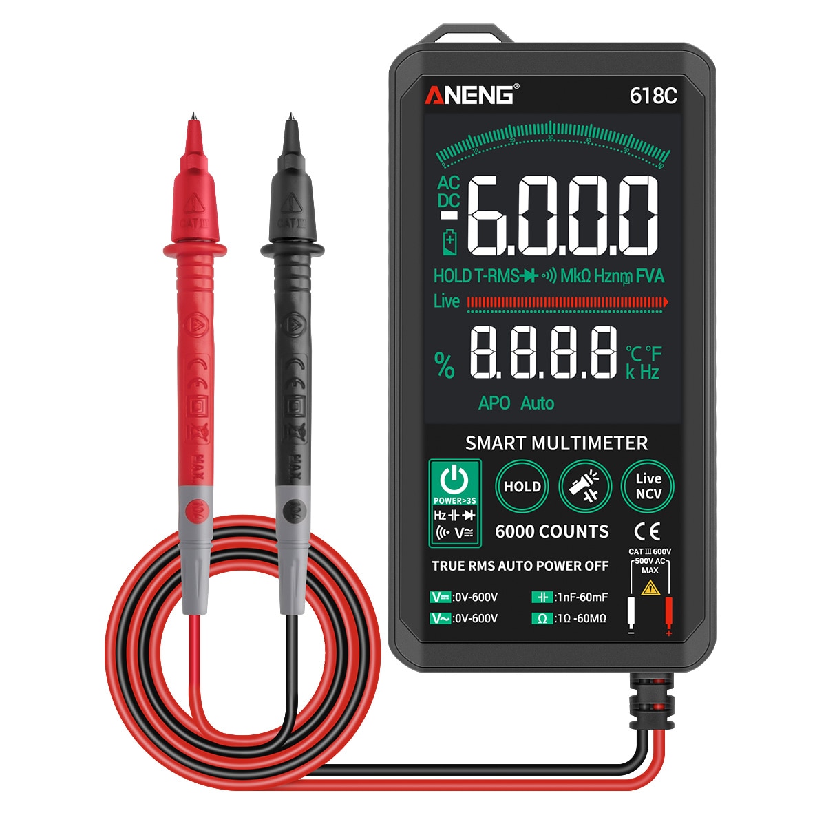 digital multimeter kontinuitet true rms bakgrunnsbelyst autoranging multimeter ac / dc spenningstester kapasitansmåler: 618c