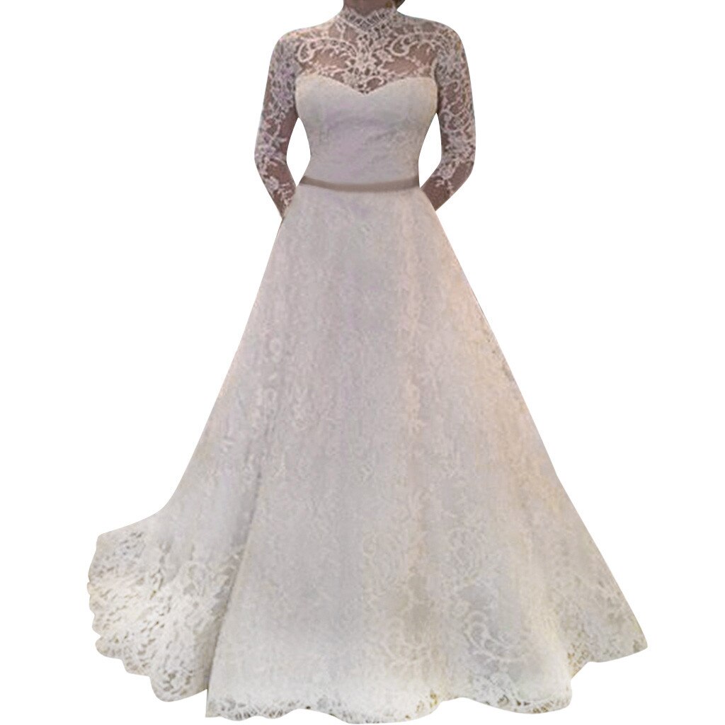 Women Long Sleeves Lace Wedding Dress Party Evening Slim Maxi Dresses women party night dress#1