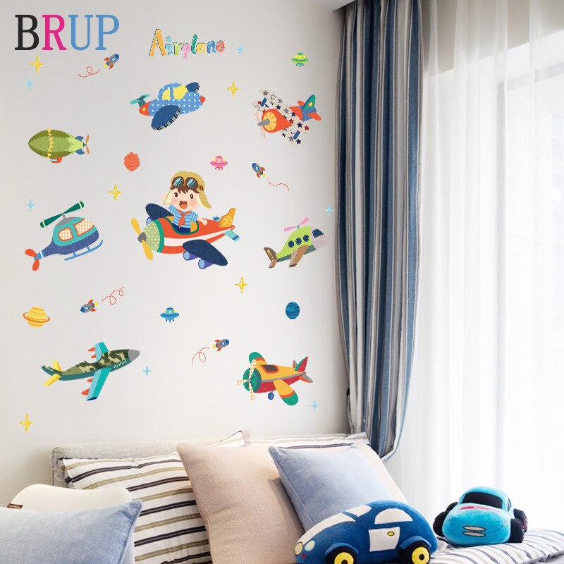 Cartoon Vliegtuig Muursticker Voor Kinderkamer Home Decoration Muurstickers Self-Garenloos Muurstickers Muurschilderingen Poster Kinderkamer