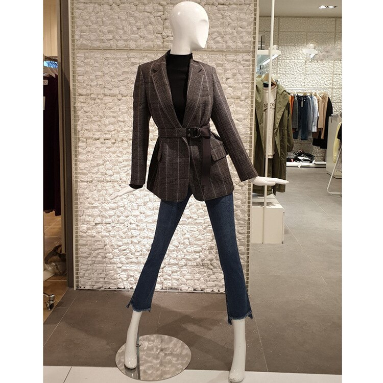 Blazer en vichy Chic à carreaux avec ceinture, manches longues, costume mi-longues pour femme, de bureau, printemps-automne coréen, collection