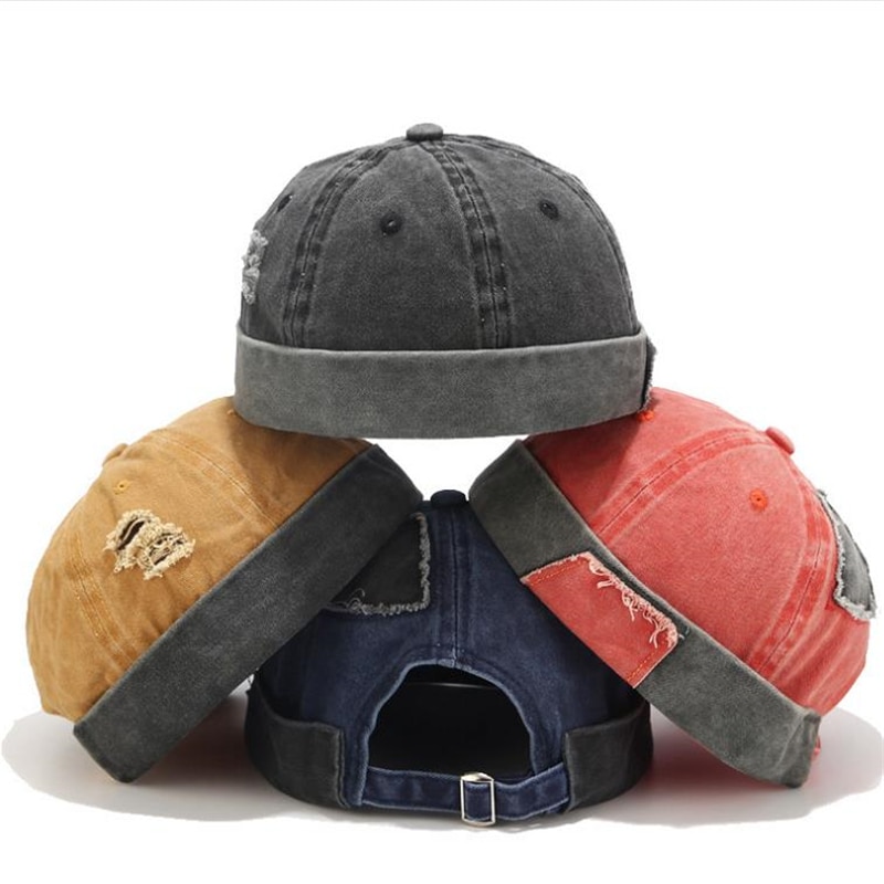 Chapeau Vintage Hip Hop pour hommes, casquette de crâne en coton délavé rétro, chapeau sans bord réglable, casquette respirante de propriétaire, chapeau de marin,