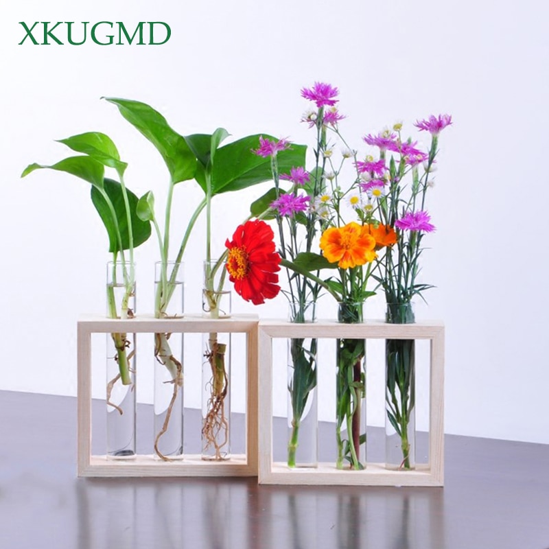 Vegghengende krystall glass reagensrør vase i tre stativ for blomster planter hjem hage kafé bar skrivebord dekorasjon blomsterpotte