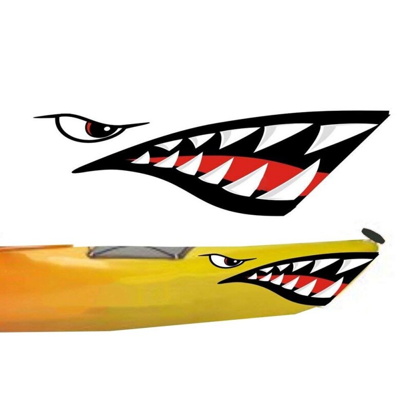 Pegatina de Kayak de 2 piezas, pegatinas impermeables con dientes de tiburón para la boca, calcomanía para canoa, bote marino, coche, camión, vinilo, tabla de surf, pegatinas DIY