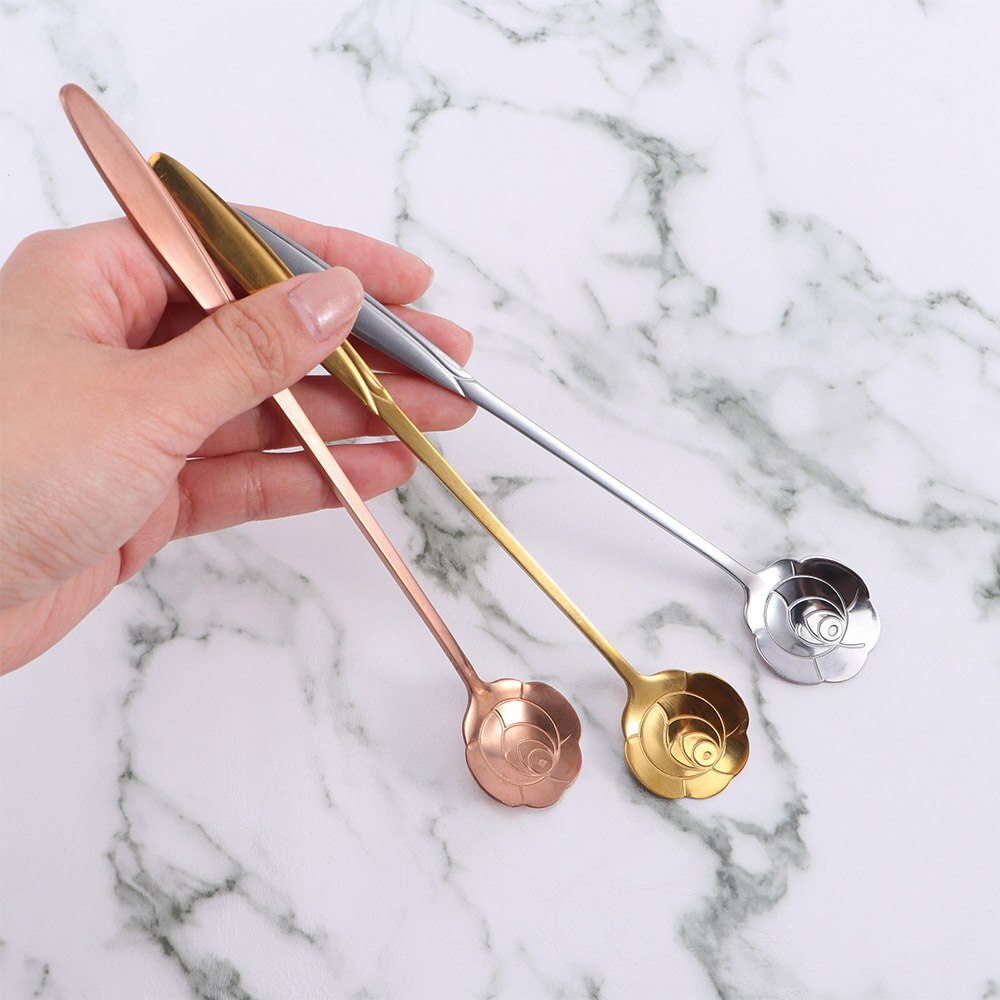 Flowers Gold Spoon Long Handle Dessert Tea Coffee Mixing Spoon Stainless Steel Vintage Teaspoons Drink Tableware