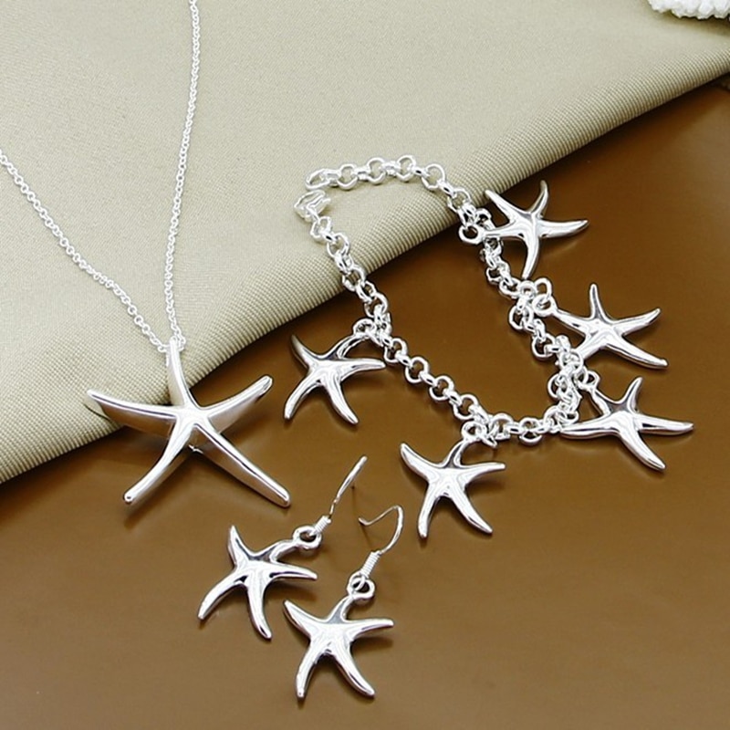 925 Sterling Silver Jewerly Set Lucky Star Necklace Bracelet Earrings Set