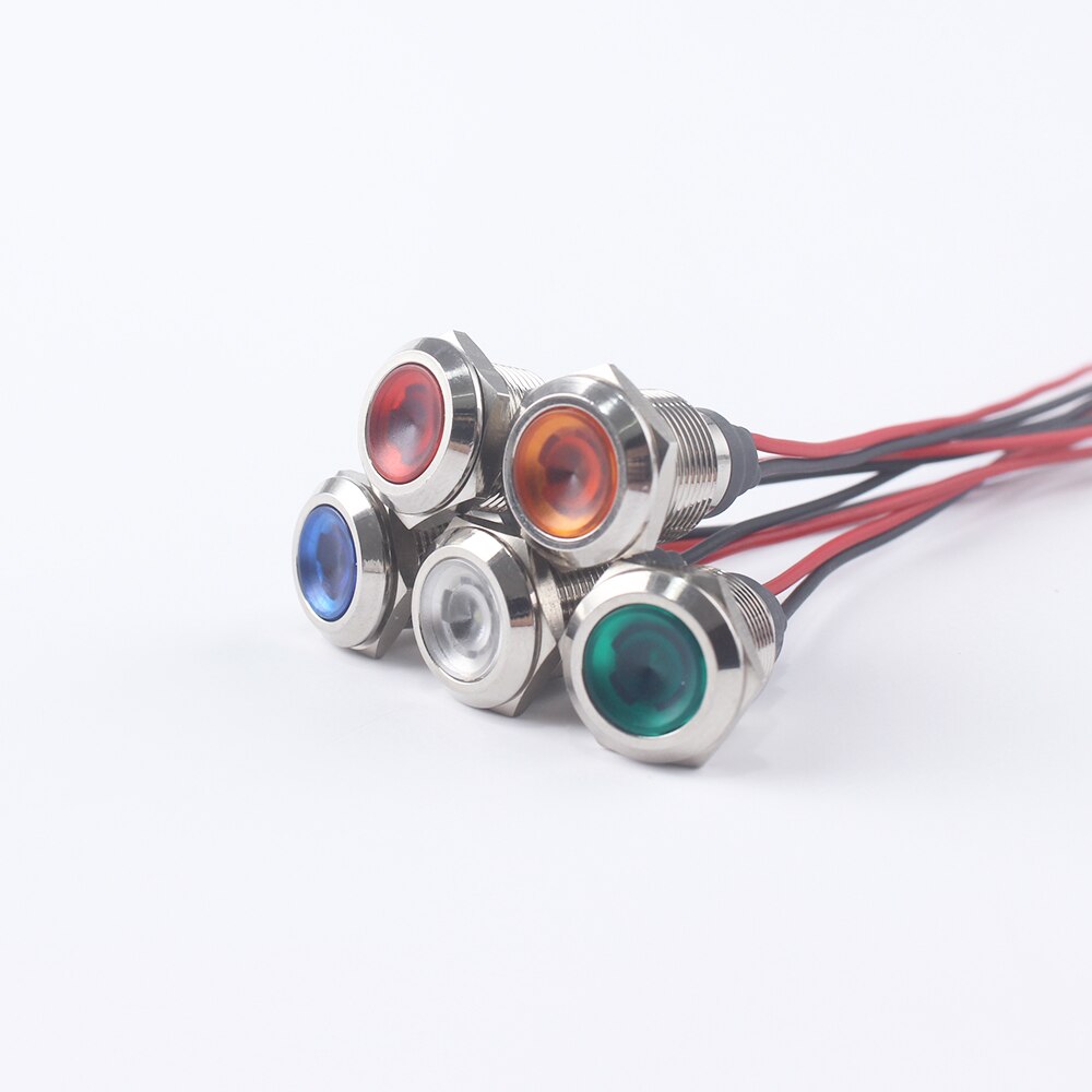 12mm LED Metal Indicator light waterproof Signal lamp with wire red yellow blue green white 3V 5V 6V 12V 24V 220V 110V