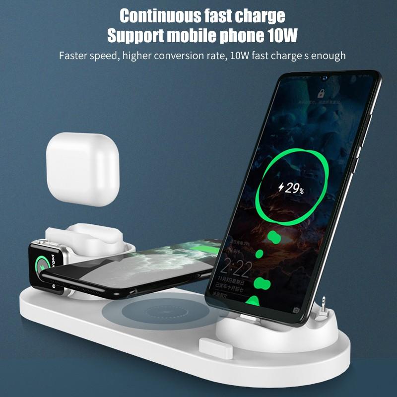 Station de charge sans fil 6 en 1 pour iPhone/Android/téléphones USB type-c 10W Qi, charge rapide pour Apple Watch AirPods Pro,