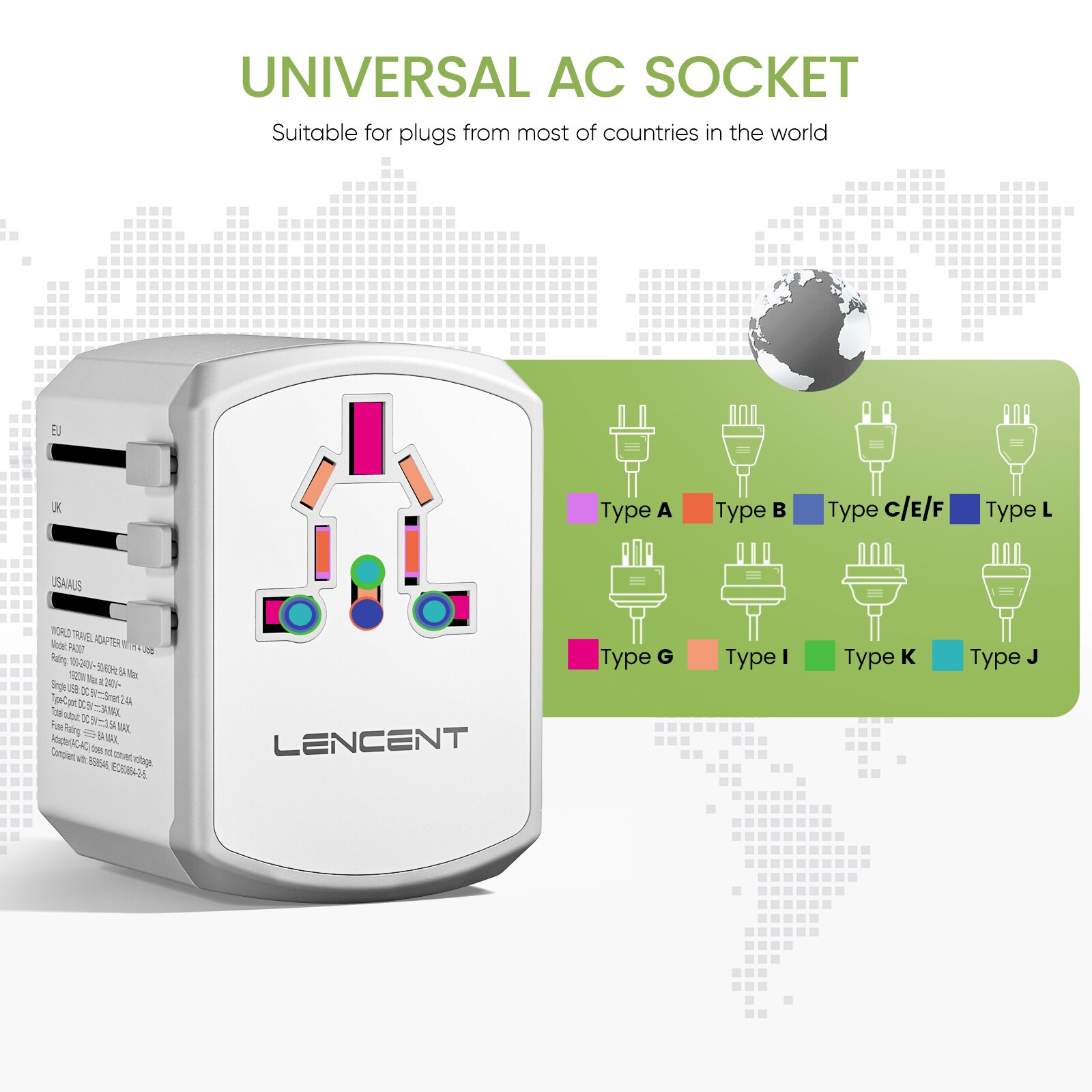 LENCENT Universal-Reiseadapter mit 3 USB-Anschlüssen und 1 Typ-C-Wandladegerät, All-in-One-Reiseladegerät für US-, EU-, UK- und AUS-Reisen