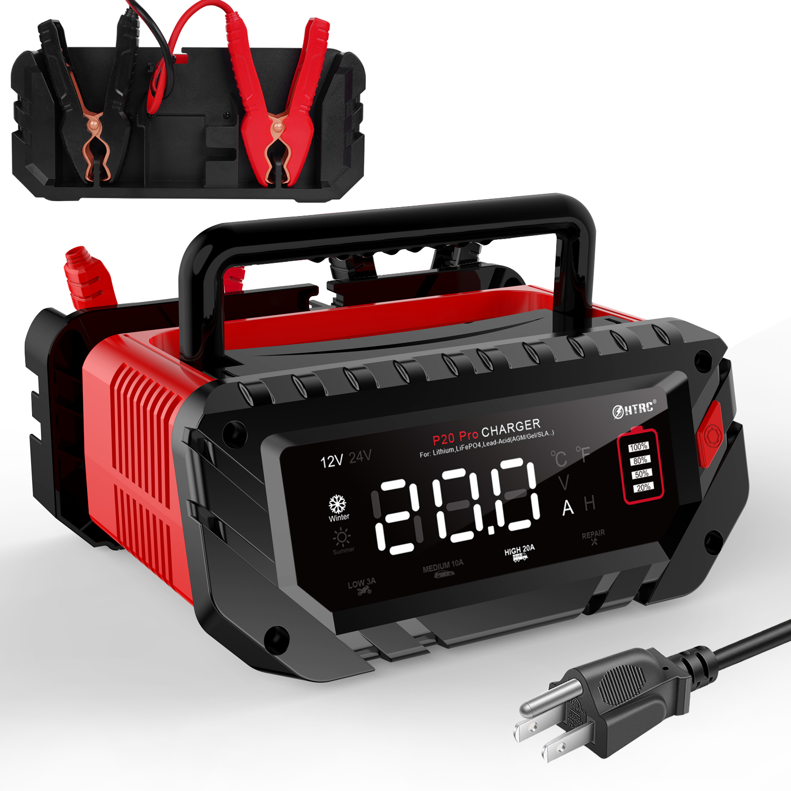 Htrc bilbatterilader 12 v 20a 24 v 10a automatisk til agm litium blysyre lifepo 4- batterier motorsykkel pulsreparasjonslader