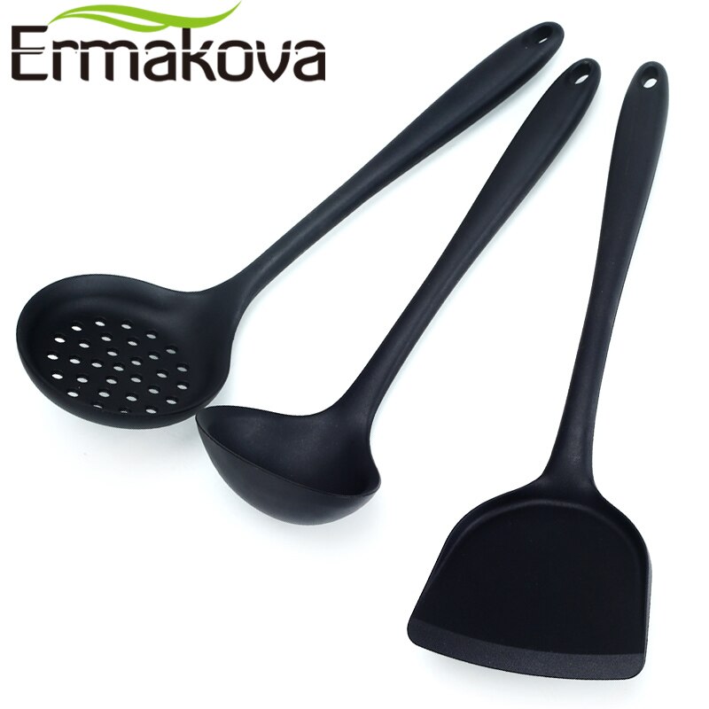 Ermakova 3 Stks/set Non-stick Siliconen Turner Spatel Skimmer Lepel Soep Lepel Hittebestendig Keuken Kookgerei (zwart)