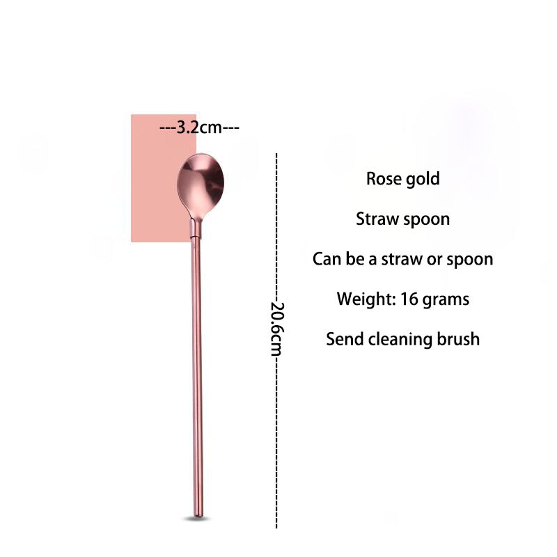Stainless steel reusable western food straw spoon tableware dualuse dessert soup spoon cola drink straw ice spoon stirring spoon: 20.6cm rose gold