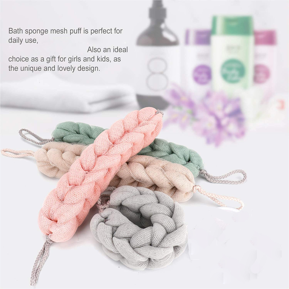 Loofahs – éponge de bain longue, 3 couleurs, 3 paquets, maille tressée extensible, boule exfoliante pour le dos