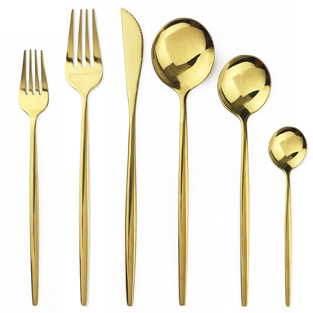 Guld bestick set köksbestick set 18/10 rostfritt stål servis set bestick servis set gaffel sked dessert set: 6 st guld