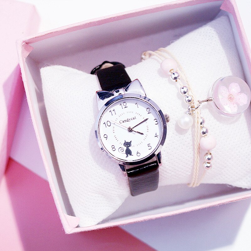 Miss chat noir montre à Quartz femmes bracelet en cuir décontracté montres filles mignon chat cadran forme rose montre-bracelet: Black