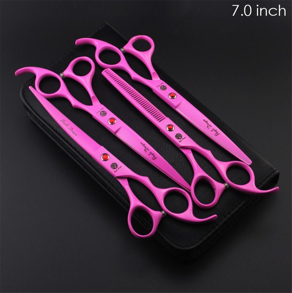 4pcs/set Pet Grooming Scissors Set 7 inch 8 inch Straight+ Curved +Thinning Shears Sharp Edge Hair Cutting Scissors: 7 inch Pink