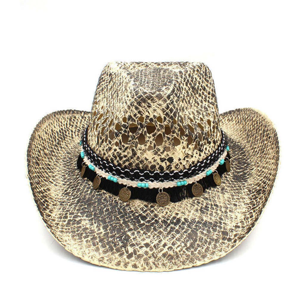 Sombrero de paja para Hombre y mujer, Sombrero de cowboy hecho a mano del Oeste, Sombrero de playa tejido para Hombre, Sombrero de Jazz para vaquera, cinta de hojas Punk, tamaño 56-58CM: C4 CAJ