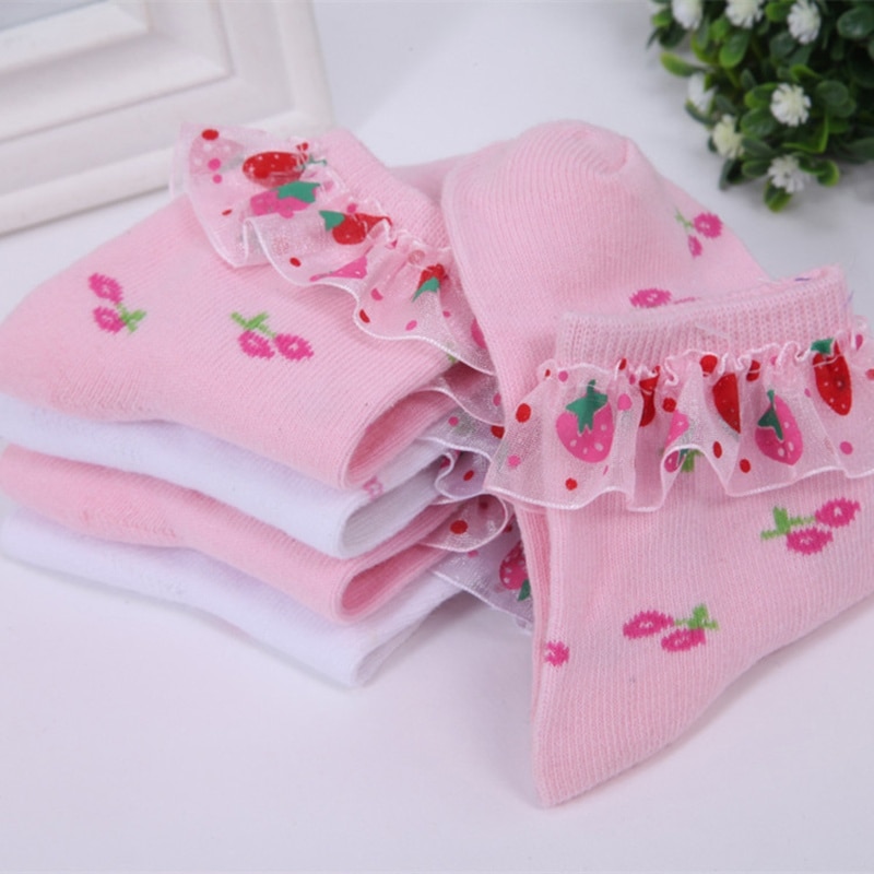 1 Pair Spring Autumn Girls Socks Cherry Strawberry Cotton Lace Kids Socks 3-12 Year Children Socks For Girls