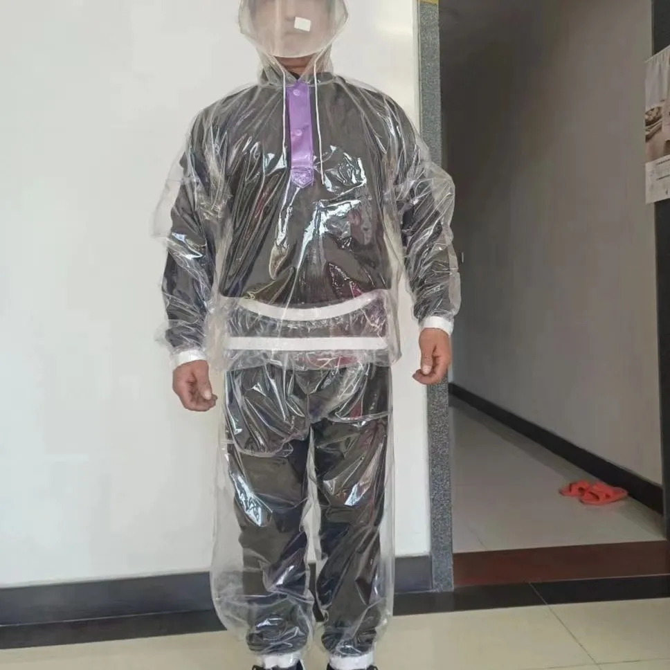 Doorzichtige, transparante hoodie met lange mouwen en capuchon, waterdicht en regenbestendig, met bijpassende broek, live show danskostuums, hiphop, plastic love