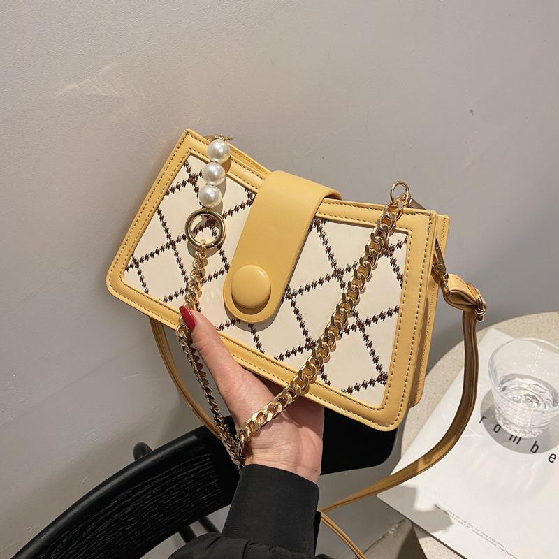 Plaid Pu Lederen Oksel Tas Voor Vrouwen Dubbele Ketting Schouder Handtassen En Portemonnee Vrouwelijke Reizen Mode Handtas: YELLOW