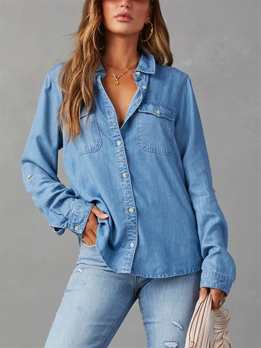 Vår lösa casual toppar kvinnor denimskjortor enfärgade nedåtgående krage långärmade jeansblusar streetwear