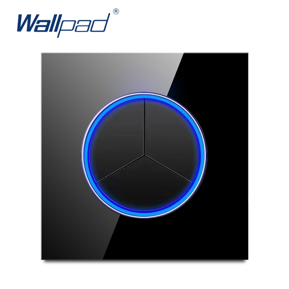 Black Glass Crystal Panel Wall Light Switch Round Button Circle LED Ring 1 to 4 Gang Fan Speed Dimmer 45A Double Pole Switch