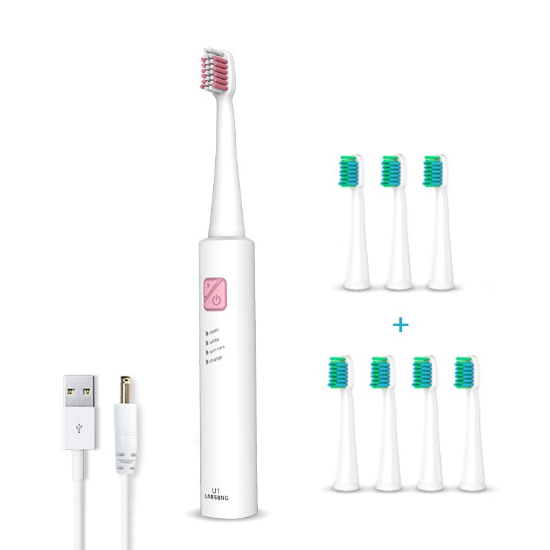 Ultrasonic Sonic Electric Toothbrush Rechargeable Tooth Brushes electric toothbrush with U1 tooth brush heads cepillo dental 4: pink 8 heads