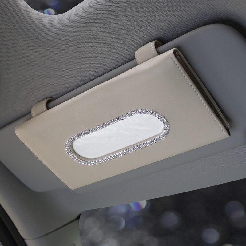 Krystal kvaster bilvævsholder taske solskærm hængende diamant krone læder auto tissuepapir kasse til bil tilbehør: Beige