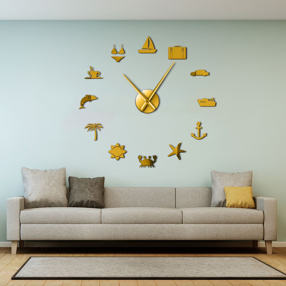 Horloge murale 3D pour le surf, la plage, les , la natation, la voile, le soleil, effet miroir, autocollant décoratif