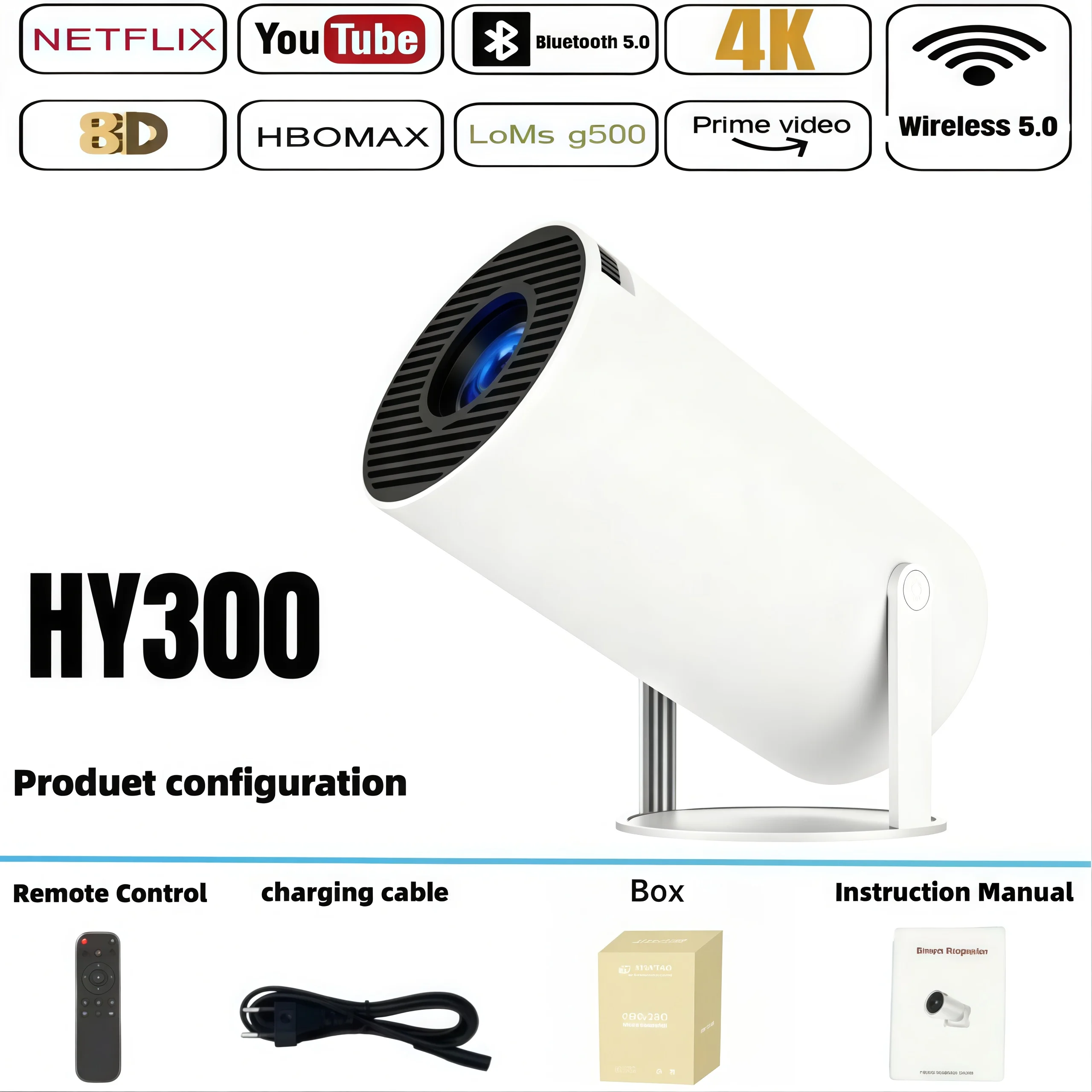 Projektor 4k android 11 hy300 mini wifi 6 290 ansi allwinner  h713 bt5.0 1080p 1280*720p bio utomhus bärbar projektor: Lila / Eu