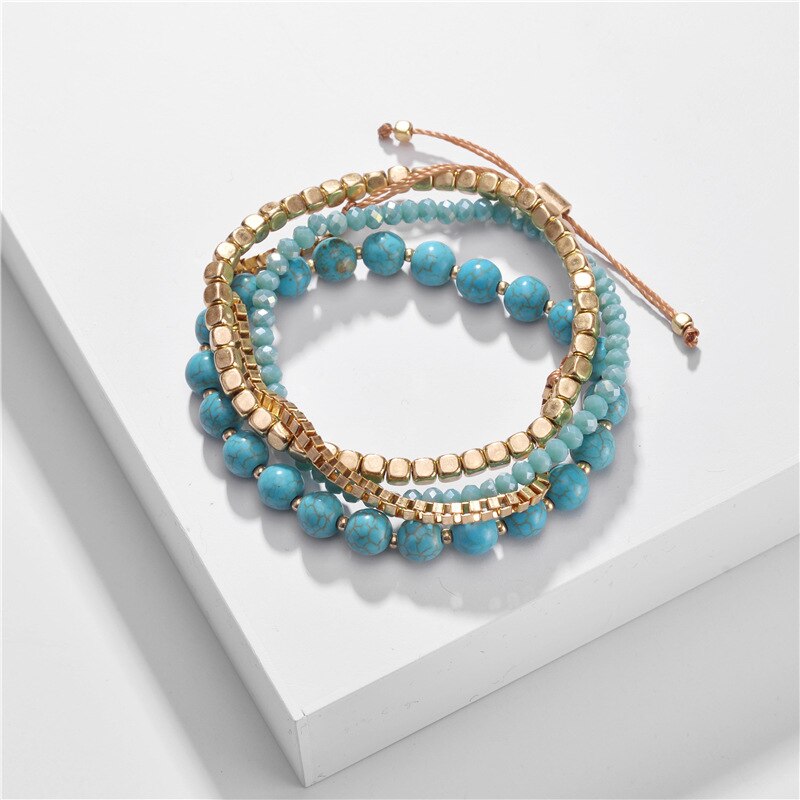 Jewelry 4 Layers Stacked Beaded Bracelets Set Stackable Natural Stone Chain Link Bracelet: Blue