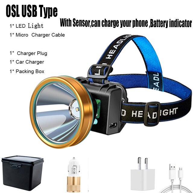 200000LM potente faro a LED ad alta potenza faro a LED ricaricabile batteria integrata torcia USB torcia per la pesca: Package G / Yellow light color