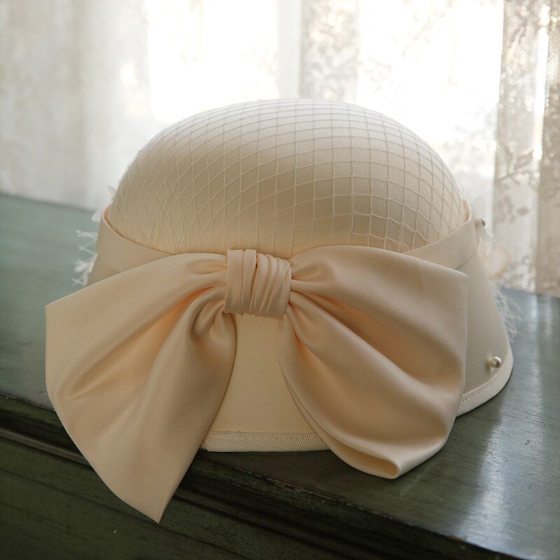 Solid bröllop fedora keps kvinnor stor rosa rosett nit hink keps vår höst cocktail kyrka fest kvinnlig fascinator hatt