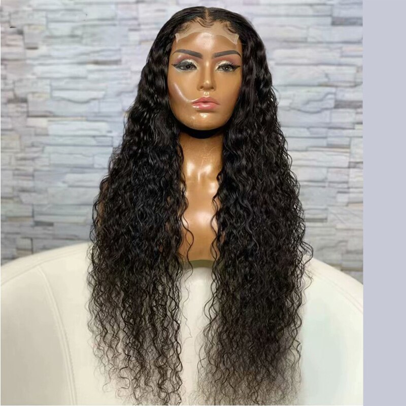 Natural Black Long Water Wave Lace Front Wig Synthetic Hair With Baby Hair High temperature Heat Resistant Fiber Hair G