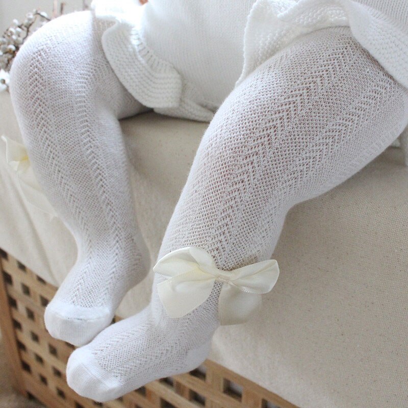 Verão malha bebê collants algodão macio respirável bowknot bebê menina collants cor sólida crianças meias collants: white