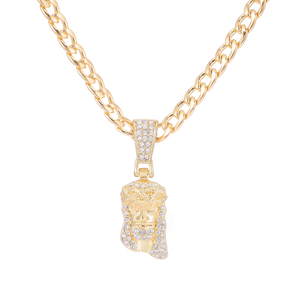 Colgante de cara de cabeza de pieza de Jesucristo para hombres, collar con dije de cristal brillante helado con cadena, joyería de Hip Hop: 70 cm / Color amarillo dorado claro