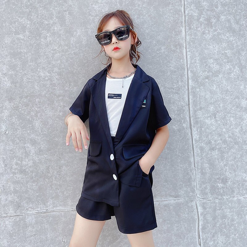 Mode Tiener Meisjes Kleding Set Korte Mouw Jas + Shorts Twee Stukken Zomer Casual Cool School Kids Trainingspak Kind outfit: Black / 4