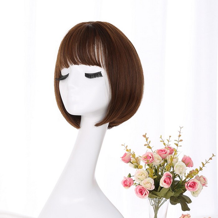 Peluca recta con corte Bob estilo coreano Yiyaobess, con flequillo, pelo sintético Natural, pelucas para mujer cortas de color marrón, negro, lino, gris, azul y Rubio: light brown