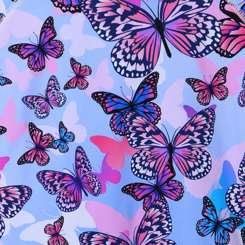 BAOHULU One Piece Long Sleeve Girls Swimwear Kids Butterfly Print Bodysuit UV 50+ Sun Protection Beachwear with Ziper