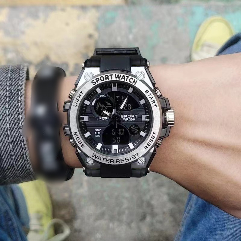 Multifunctioneel sporthorloge voor heren, dubbel display, waterdichte wekker, timing, nachtlampje, kalender, elektr: Zilver