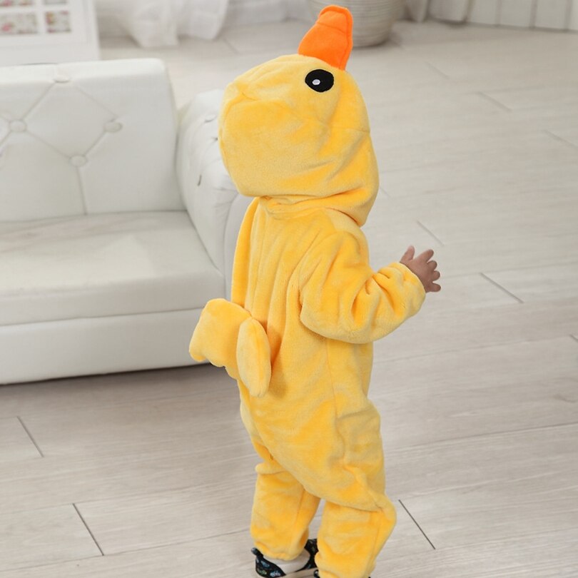 Animal bébé barboteuse jaune canard Bebe vêtements pour bébé garçon fille vêtements mignon flanelle dessin animé à capuche combinaison Costume